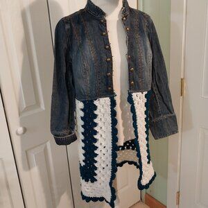 3248 Size Large Faded Glory Upcycled Jean Jacket With Crochet Trim In Dark Teal